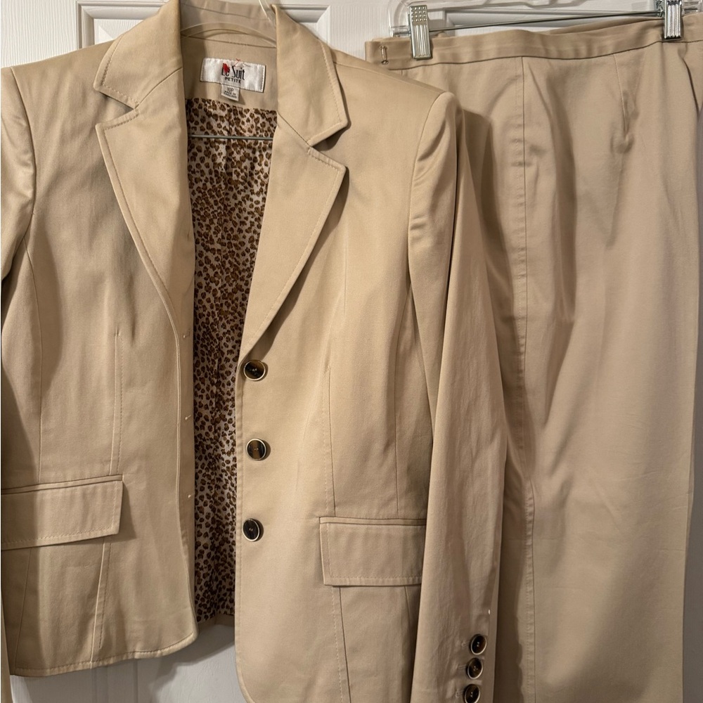 Le Suit Khaki Pantsuit with Leopard Lining
